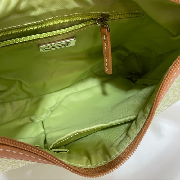 TALBOTS Shoulder Bag Small Top Zipper Single Strap Green Jacquard Tan Leather - Picture 16 of 16